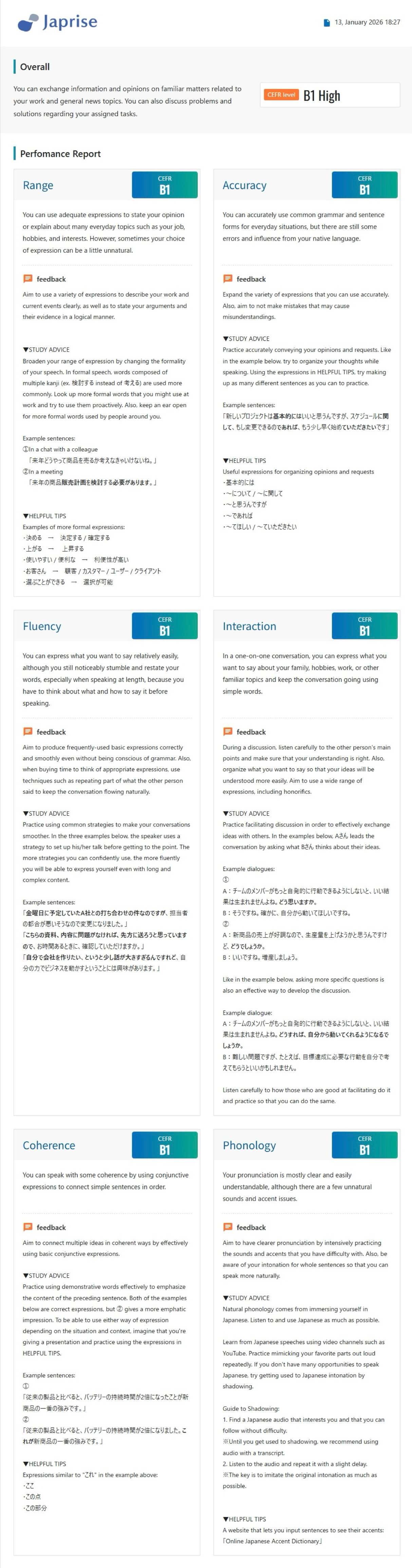 Sample evaluation results